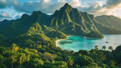Poster - Tropical island landscape with lush mountains and serene turquoise waters viewed from a high vantage point during golden hour.