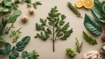 Poster - Green Botanical Arrangement with Leaves and Citrus Over a Neutral Background for Natural Design Elements