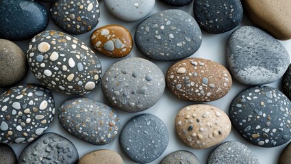 Poster - Varied collection of wet sea stones in diverse colors and textures isolated on a white background perfect for natural design or decor projects.