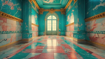 Poster - Luxurious and Elegant Old Marble Tiles Featuring Ornate Walls and Floor Design in a Brightly Lit Palatial Interior ê³µê°„