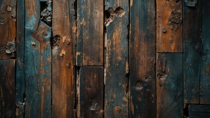 Poster - Weathered wood texture background showcasing aged planks in dark brown and teal hues ideal for wallpaper and design projects.