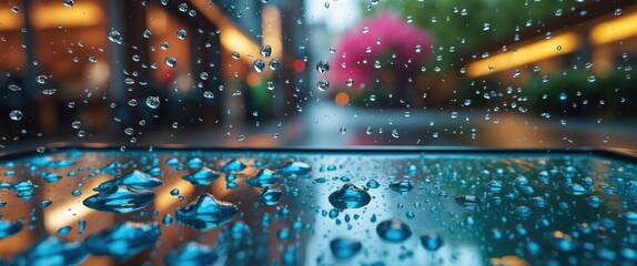 Poster - Close-up of glistening water droplets on a glass surface reflecting outdoor scenery after a refreshing rain shower.
