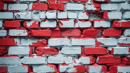 Poster - Textured white and red brick wall background with distressed paint and weathered surfaces ideal for artistic or urban design themes.