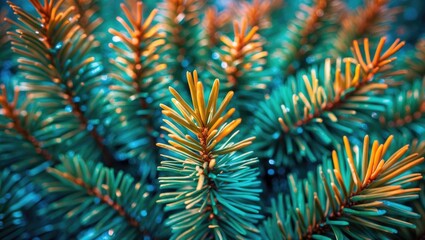 Poster - Winter Pine Needles Displaying Vibrant Green and Orange Hues in a Close-Up Nature Composition