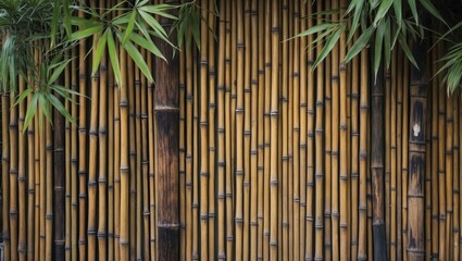 Poster - Bamboo wall background texture with lush green leaves for a natural and rustic aesthetic in interior or exterior design.