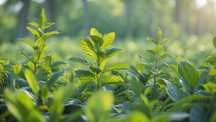 Poster - Lush Green Plants in Sunlight Illuminating a Serene Natural Environment
