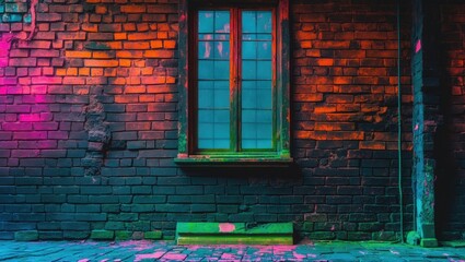 Poster - Colorful illuminated brick wall with an old wooden window showcasing urban art and textures in a vibrant city setting.