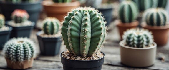 Poster - Miniature Cactus Arrangement in Pots with Natural Background and Space for Text or Design Elements
