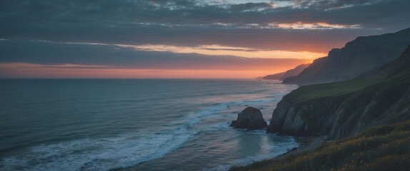 Poster - Tranquil Coastal Sunset with Dramatic Skies and Empty Space for Text Ideal for Nature Themes and Scenic Advertisements
