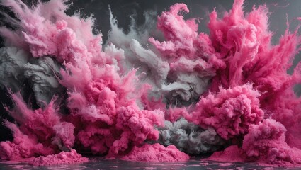 Poster - Vibrant abstract pink and gray smoke explosion creating a striking contrast on a dark background for artistic compositions and designs.