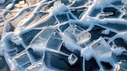 Poster - Intricate ice patterns on a frozen surface with clear and opaque elements highlighting the natural beauty and complexity of winter landscapes