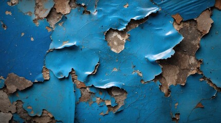 Poster - Peeling blue paint texture on a weathered surface showcasing decay and age with intricate details and patterns.