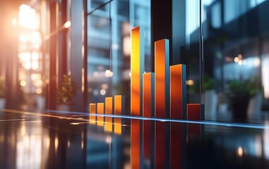 Poster - Dynamic bar graph representation illustrating business growth and trends in a modern office setting, with natural light enhancing the glass reflections.