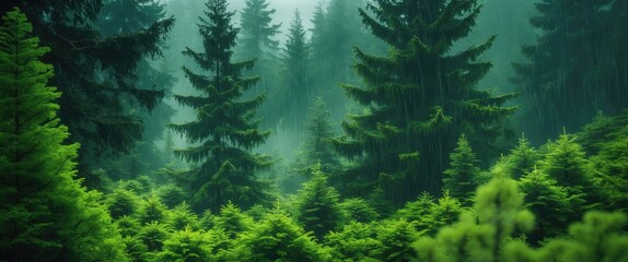 Poster - Misty pine forest with lush green foliage in the rain creating a serene and tranquil wilderness atmosphere.