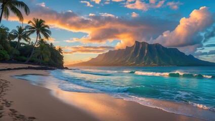 Poster - Tropical paradise at sunrise on Oahu featuring serene beaches, lush palm trees, turquoise waters, and dramatic volcanic mountains.