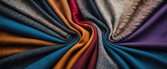 Poster - Colorful fabric textures in a dynamic swirl showcasing modern design and textile variety for creative projects and fashion backgrounds.