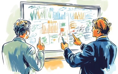 Poster - Two business professionals analyze colorful charts and graphs displayed on a screen