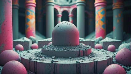 Poster - Creative abstract landscape featuring concrete structures, colorful pillars, and textured surfaces, emphasizing modern architectural design elements.