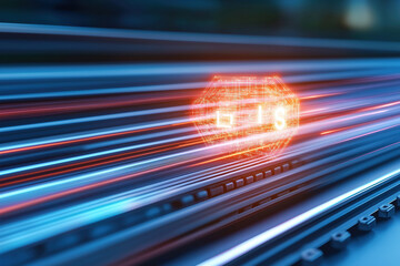 Fototapete - Digital representation of speed with glowing hexagon symbol in motion