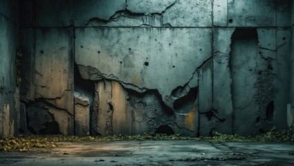Poster - Aged concrete wall interior with rough texture and peeling paint creating a dark and eerie atmosphere perfect for horror-themed backgrounds.