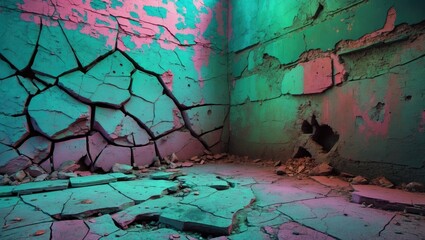Fototapete - Vibrant cracked concrete wall interior with colorful lighting and broken floor texture ideal for artistic and architectural backgrounds