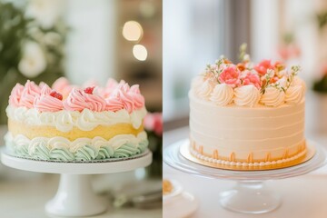 Poster - Deliciously decorated cakes with colorful frosting and floral accents at a dessert display event in a cozy setting. Generative AI