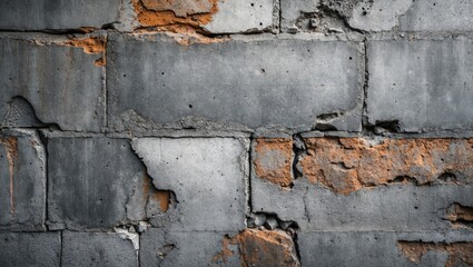 Poster - Weathered gray concrete wall texture with cracks and orange stains highlighting the passage of time and wear.