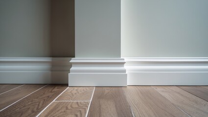 Poster - Interior corner with elegant baseboard molding, light matte wall design, and wood-like tile flooring for modern home aesthetics.