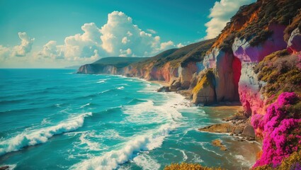 Poster - Vibrant Coastal Landscape with Colorful Cliffs and Turquoise Waters under a Dramatic Sky
