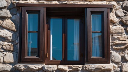 Poster - Traditional Macedonian window frame with stone wall backdrop and sunlight reflection. Architectural detail showcasing heritage in Skopje.