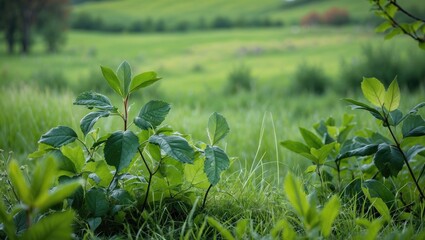 Poster - Lush Green Meadow with Fresh Leaves and Vibrant Nature in Serene Landscape Scene