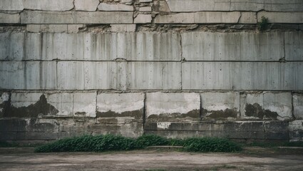 Poster - Weathered concrete wall with cracks and greenery at the base, ideal for textured backgrounds in design or artistic projects.