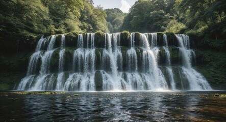 Poster - Cascading Waterfalls Surrounded By Lush Green Forest Creating Tranquil Nature Scene With Ample Space For Text Overlay