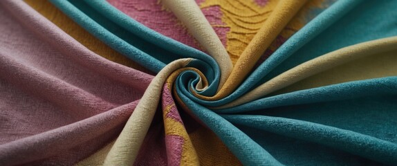 Poster - Colorful fabric texture with abstract patterns showcasing a spiral design ideal for backgrounds and templates in design projects.