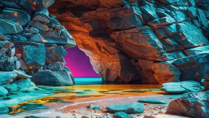Poster - Vibrant Natural Stone Archway at Seaside with Reflections and Copy Space for Text