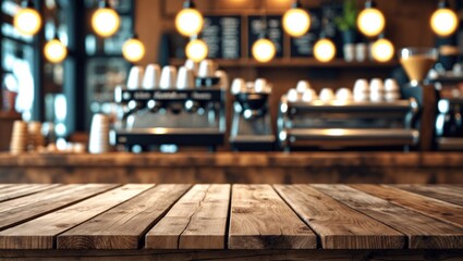 Poster - Wooden table in front of a softly blurred coffee shop setting with warm lights ideal for product display or visual mockups.