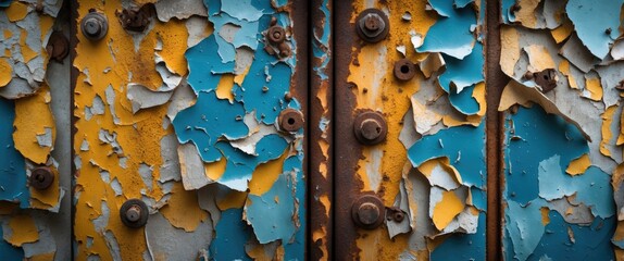 Poster - Rusty metal surface with vibrant peeling paint showcasing texture and industrial decay in vivid turquoise and yellow hues.