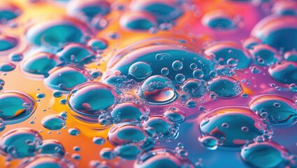 Poster - Colorful abstract background of oil droplets in water creating a vibrant, visually engaging texture suitable for creative projects and designs.