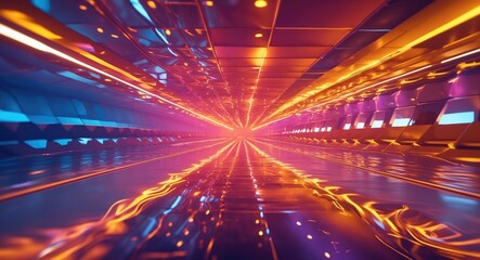 Fototapete - Dynamic abstract light tunnel with vibrant colors and reflective surfaces creating a sense of motion and depth in the design.