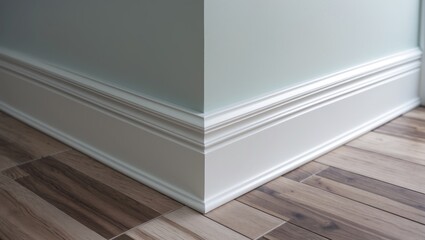 Poster - Elegant baseboard corner detailing with light matte wall and hardwood-imitating tiled flooring for contemporary interior design.