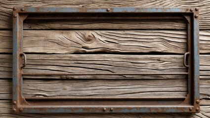 Poster - Weathered wood background with rustic metal frame offering ample space for text or graphics, perfect for vintage-themed designs.