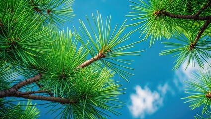 Poster - Lush green pine tree branches with long needles against a clear blue sky emphasizing freshness and the beauty of nature.