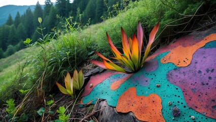 Poster - Vibrant Wild Plant Displaying Abstract Colorful Patterns Amidst Lush Greenery in a Forest Landscape on a Hillside.