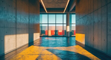 Poster - Modern office interior with concrete walls and large windows showcasing ambient lighting and colorful shipping containers outside.