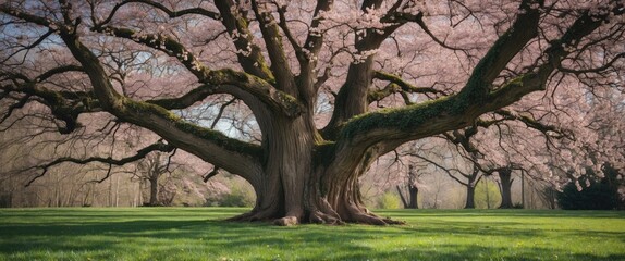 Poster - Majestic Spring Blooming Tree With Expansive Branches Set Against Vibrant Green Lawn Ideal For Nature Themes And Text Placement