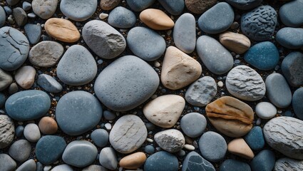 Poster - Colorful assortment of smooth pebbles and stones on a beach creating a natural textured background for design and photography projects.