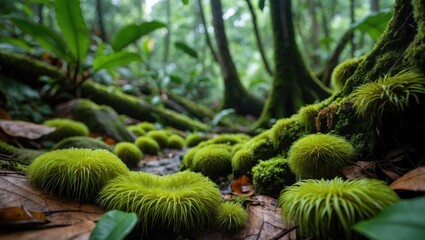 Poster - Lush green moss thriving in the rainforest ecosystem of Thailand showcasing vibrant colors and diverse natural beauty.