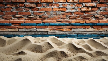 Poster - Textured old brick wall with colorful stone stripes and wavy sandy foreground creating a rustic and weathered background ambiance.