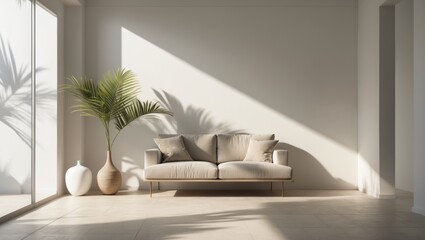 Poster - Serene Minimalist Living Room with Sunlight and Palm Shadows on Neutral Walls