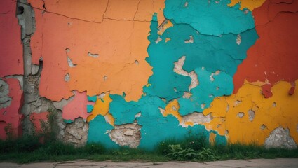 Poster - Vibrant textured wall with peeling paint in orange teal yellow and green abstract patterns showcasing urban decay and color contrast.